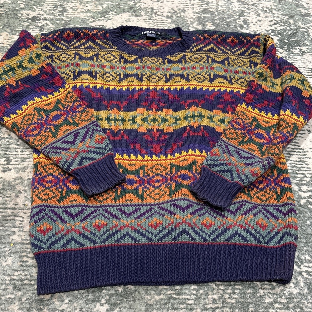 vintage 1990s Nautica geometric crewneck sweater Medium Fair Isle Grandpacore